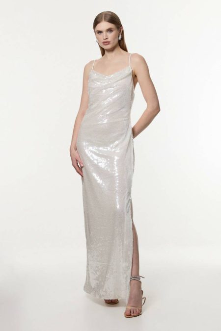 Formal Dresses Women Liquid Shine Strappy Cowl Neck Woven Sequin Dress Karen Millen White