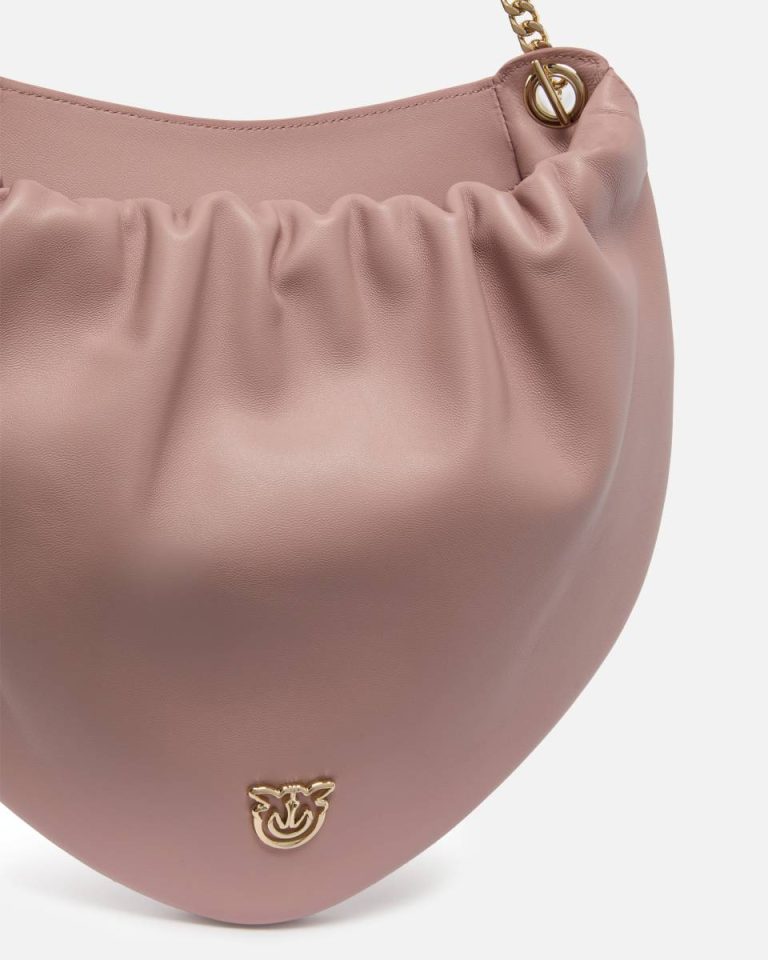 Gathered Nappa Leather Hobo Bag With Chain Shoulder Strap Pinko Galleria Crossbody Bags Pale Mauve-Light Gold - Image 3