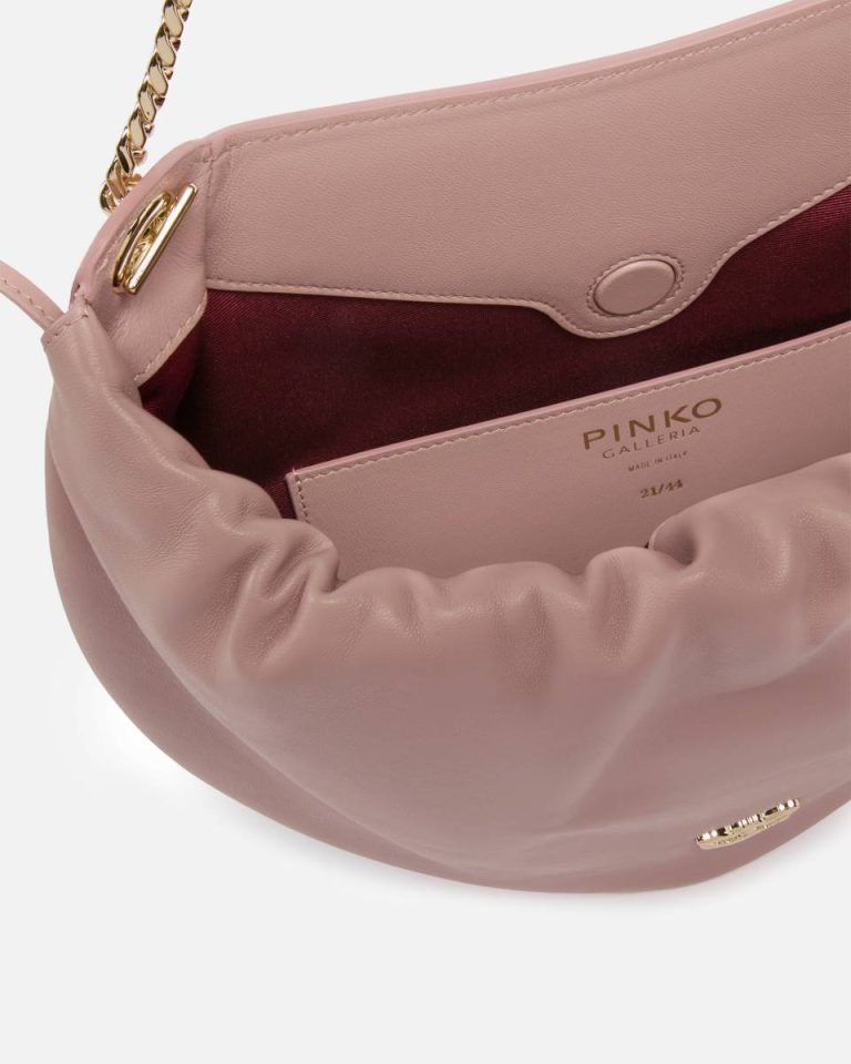 Gathered Nappa Leather Hobo Bag With Chain Shoulder Strap Pinko Galleria Crossbody Bags Pale Mauve-Light Gold - Image 4