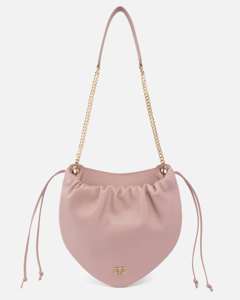 Gathered Nappa Leather Hobo Bag With Chain Shoulder Strap Pinko Galleria Crossbody Bags Pale Mauve-Light Gold