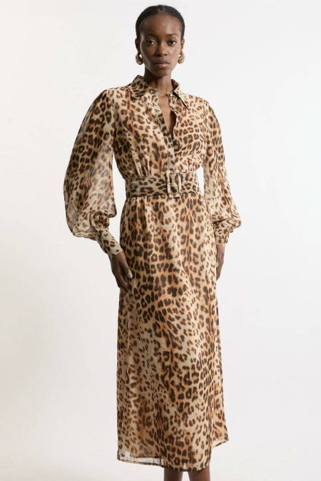 Georgette Belted Woven Shirt Dress Karen Millen Leopard Belted Dresses Women
