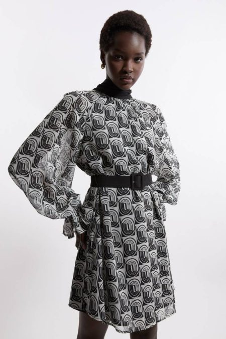 Georgette Tie Neck Belted Woven Mini Dress Karen Millen Women Tailoring Mono