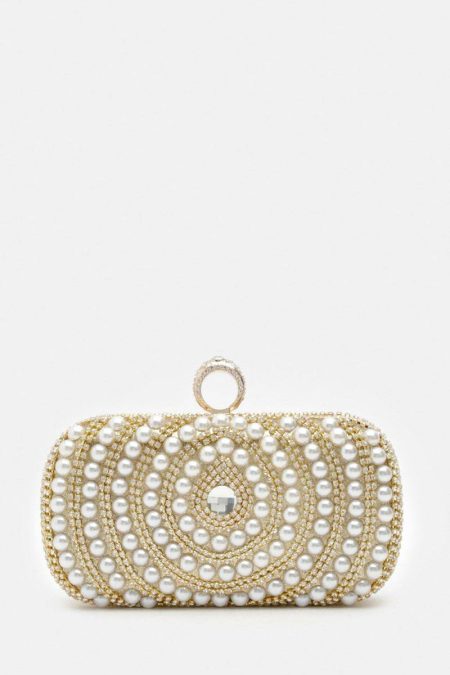 Golden Oval Pearl Detailed Embellished Clutch Bag Women Gold Bags & Purses Karen Millen