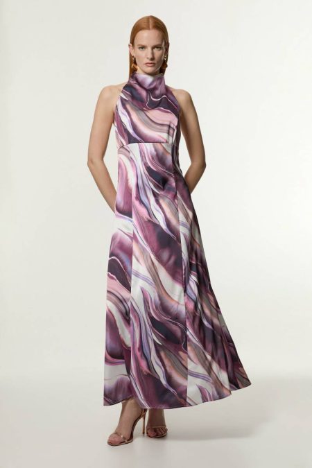 Graduated Stripe Viscose Satin Halter Dress Tailoring Purple Women Karen Millen