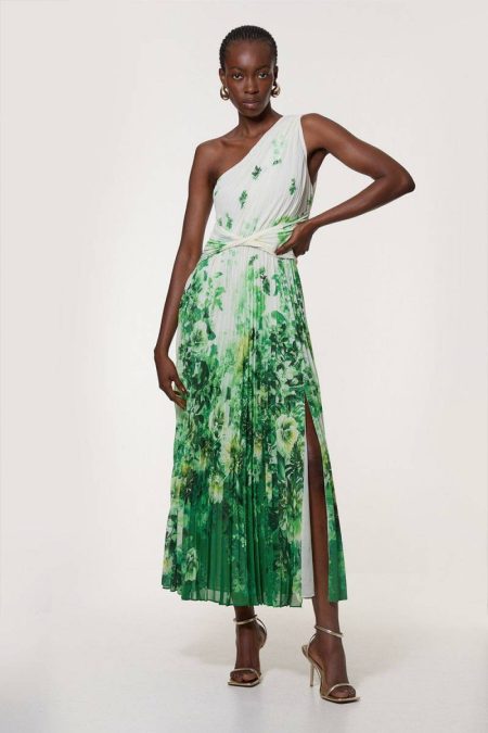 Green Tall Printed Pleated Yoryu Crinkle Woven Maxi Dress Women Karen Millen Maxi Dresses