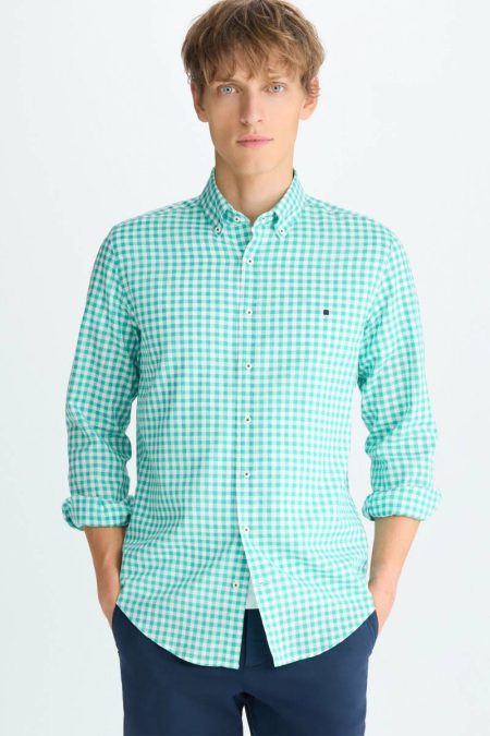 Green/White Gingham Check Linen Cotton Shirt Men Purificacion Garci Shirts