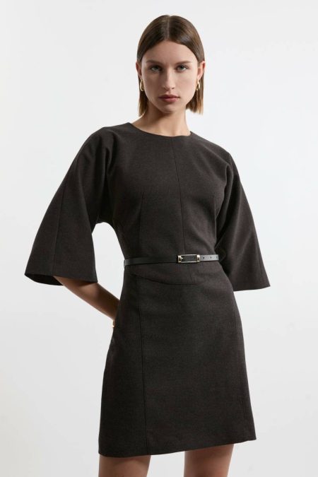 Grey Karen Millen Petite Flannel Tailored Belted Dress Tailoring Women