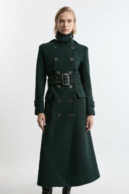 Grey Karen Millen Women Premium Italian Manteco Wool Blend Belted Funnel Neck Tailored Maxi Coat Tailoring