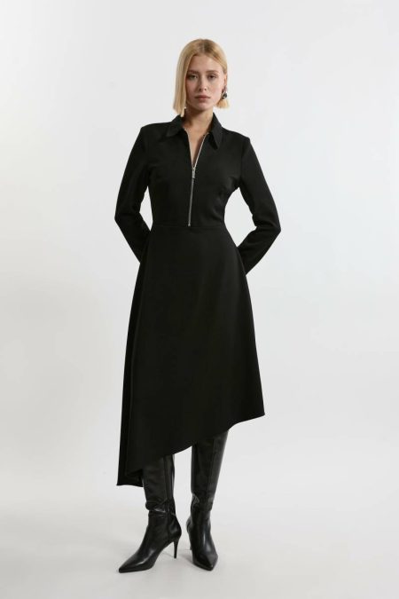 Grey Marl Women Tailoring Technical Crepe Tailored Metal Zipp Detail High Low Midi Dress Karen Millen