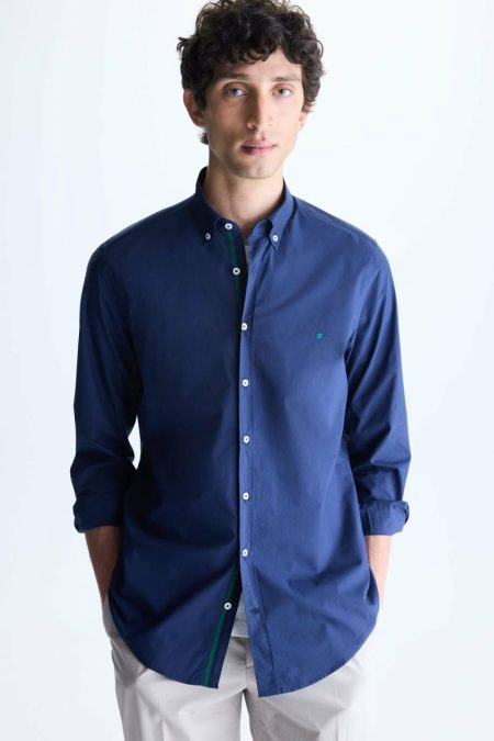 Grosgrain-Trimmed Poplin Shirt Men Navy Purificacion Garci Shirts