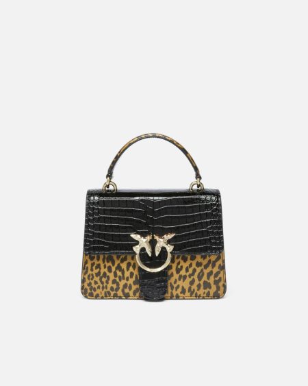 Handbags Black/Gold-Light Gold Pinko Galleria Animal And Croc-Print Bag With Shoulder Strap