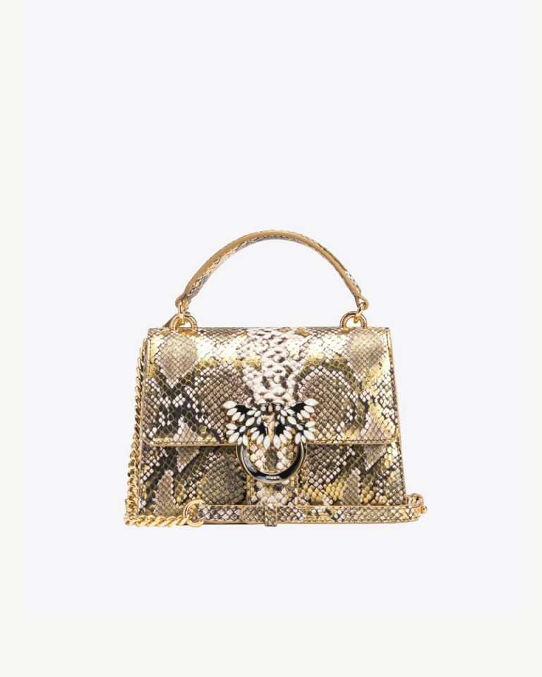 Handbags Gold/Grey-Gold Pinko Galleria Mini Love Bag Top Handle Light In Laminated Reptile-Print Leather