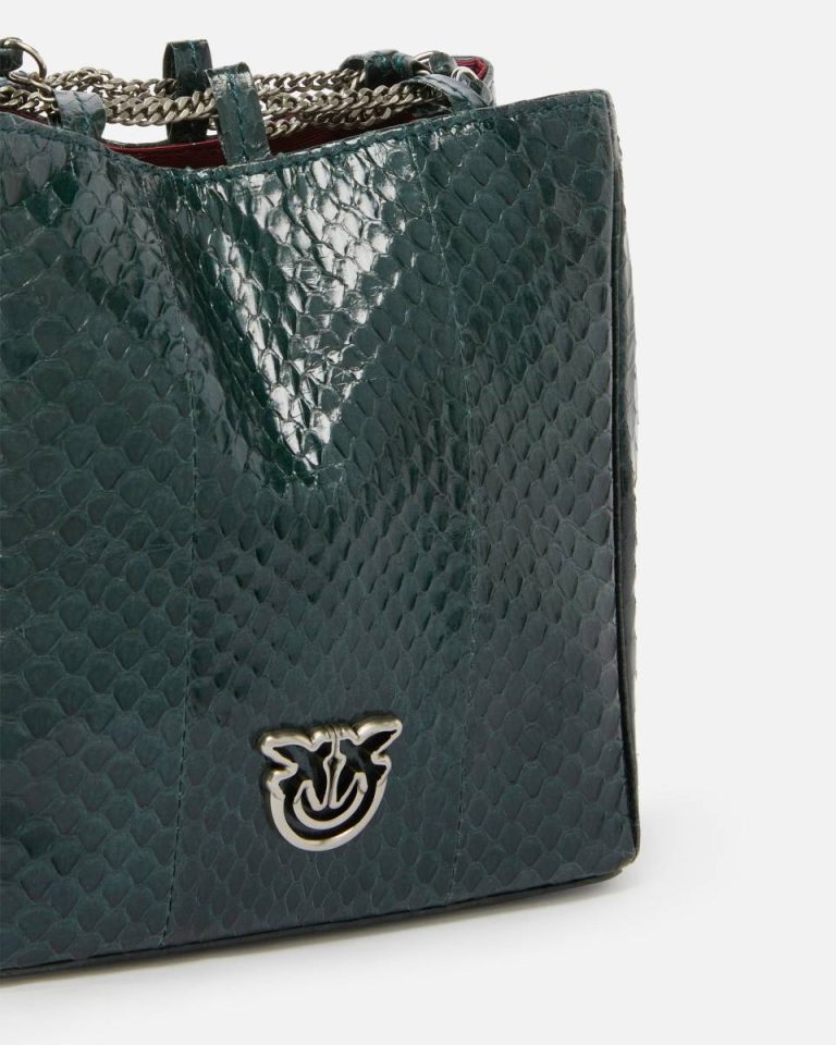 Handbags Pinko Galleria Mini Bucket Bag In Shiny Reptile Skin Dark Green-Old Silver - Image 3