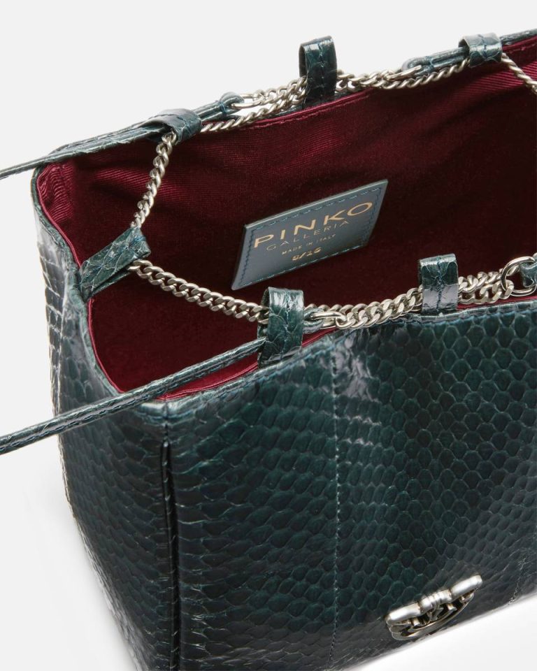 Handbags Pinko Galleria Mini Bucket Bag In Shiny Reptile Skin Dark Green-Old Silver - Image 4