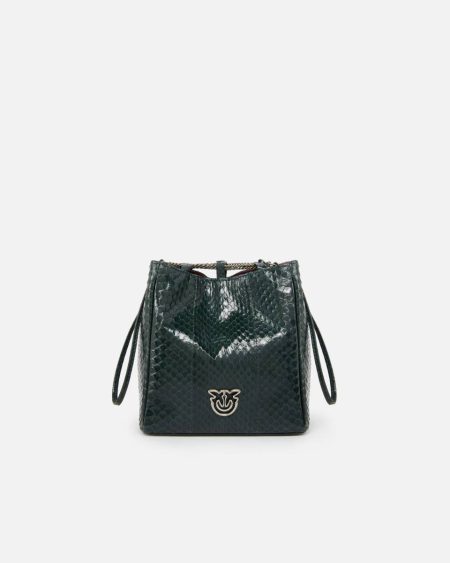 Handbags Pinko Galleria Mini Bucket Bag In Shiny Reptile Skin Dark Green-Old Silver