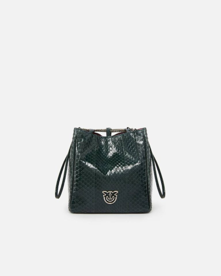 Handbags Pinko Galleria Mini Bucket Bag In Shiny Reptile Skin Dark Green-Old Silver