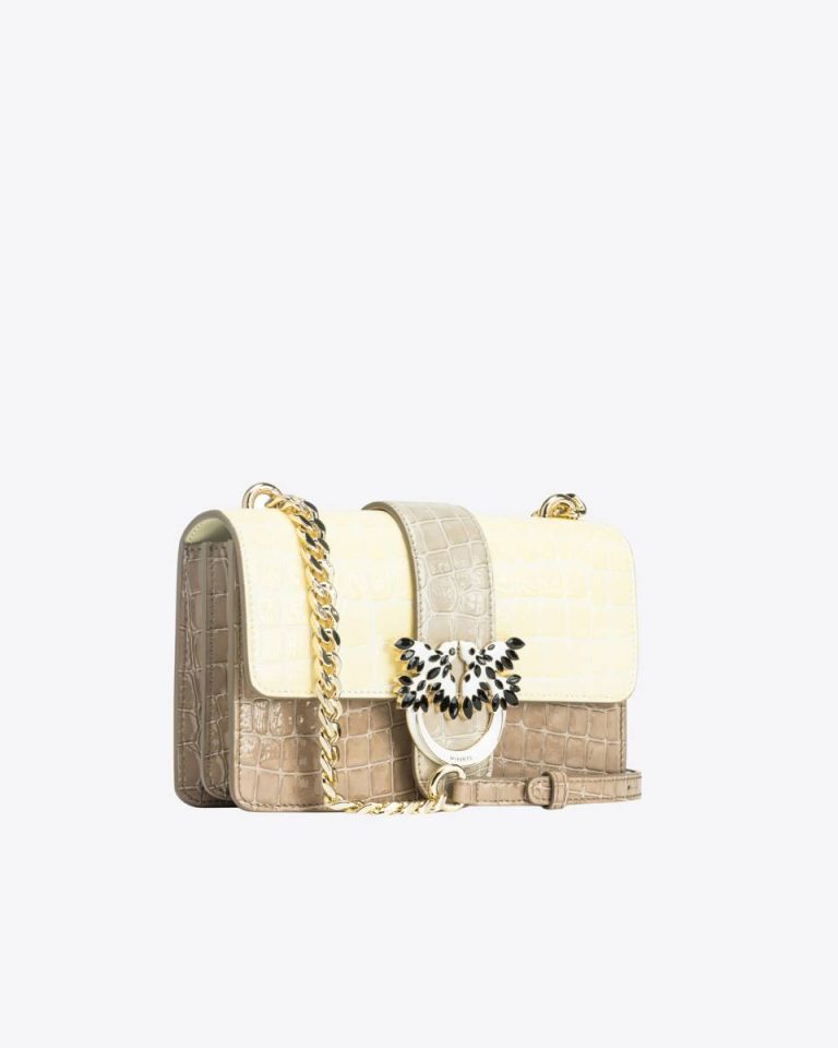 Hay-Light Gold Pinko Galleria Mini Love Bag One In Shiny Two-Tone Crocodile-Print Leather Crossbody Bags - Image 3