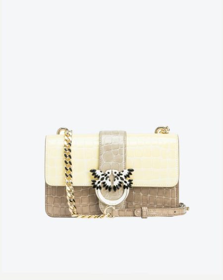 Hay-Light Gold Pinko Galleria Mini Love Bag One In Shiny Two-Tone Crocodile-Print Leather Crossbody Bags