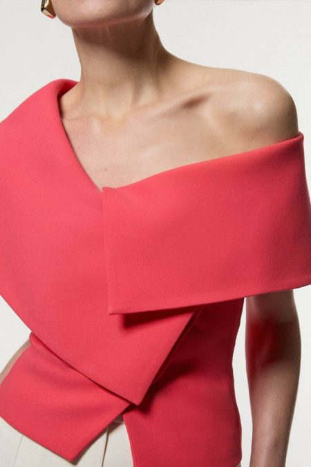 Hot Pink Compact Stretch Assymetric Neck Tailored Jacket Karen Millen Women Tailoring