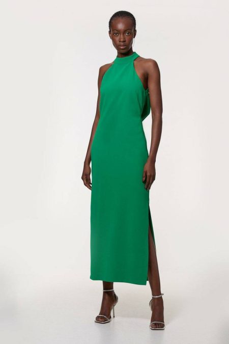 Hot Pink Karen Millen Soft Tailored Halterneck Open Back Maxi Dress Women Maxi Dresses