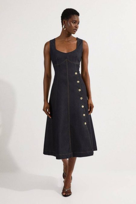 Indigo Midi Dresses Karen Millen Women Tailored Denim Sleeveless Full Skirted Midi Dress