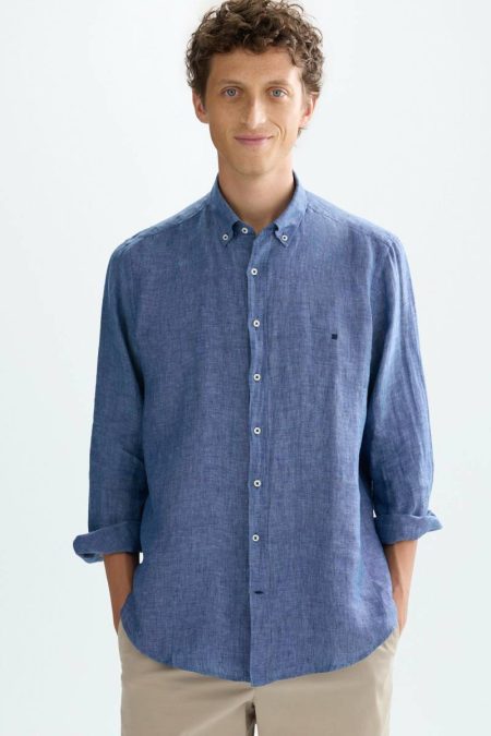 Ink Blue Purificacion Garci Men Linen Shirt Shirts