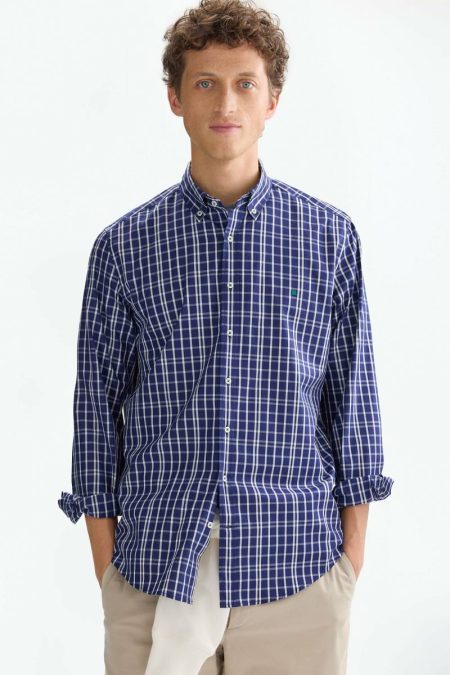 Ink Blue/White Purificacion Garci Men Chequered Poplin Shirt Shirts