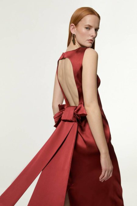 Italian Satin Tailored Bow Detail Maxi Dress Rust Women Tailoring Karen Millen