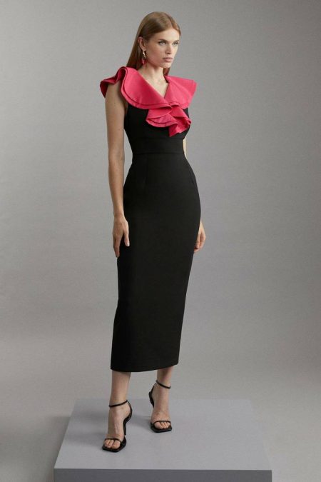 Ivory Compact Stretch Taffeta Ruffle Tailored Midi Dress Women Tailoring Karen Millen