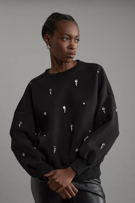 Ivory Karen Millen Tailoring Embellished Balloon Sleeve Scuba Sweatshirt Women