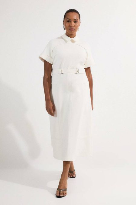 Ivory Karen Millen Women Plus Size Compact Stretch Tab Detail Full Skirted Midi Dress Midi Dresses