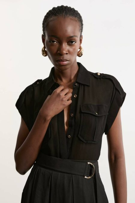 Ivory Karen Millen Women Sheer Viscose Georgette Woven Utility Blouse Tops