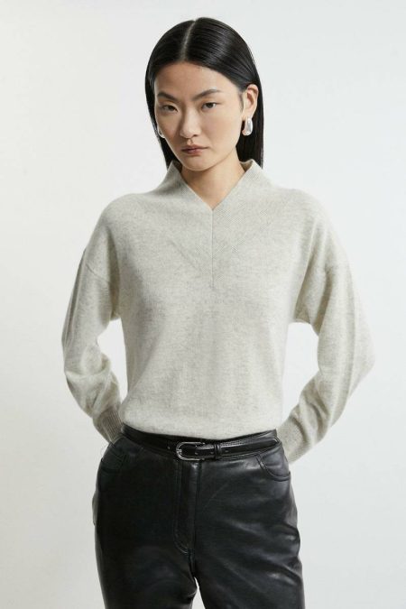 Ivory Karen Millen Women Tailoring Cashmere Knitted Wide V Neck Sweater