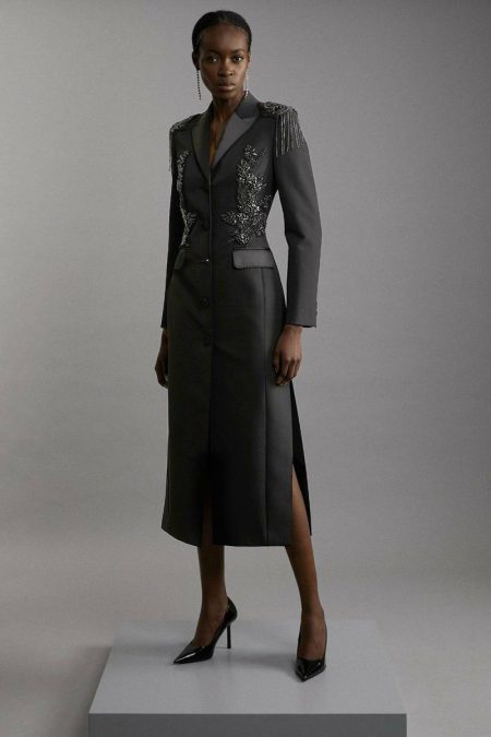 Ivory Karen Millen Women Tailoring Crystal Embellished Tailored Tuxedo Blazer Midaxi Dress