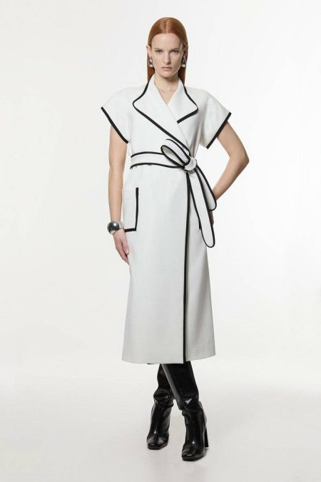 Ivory Midi Dresses Women Compact Stretch Belted Tailored Tipped Midi Dress Karen Millen