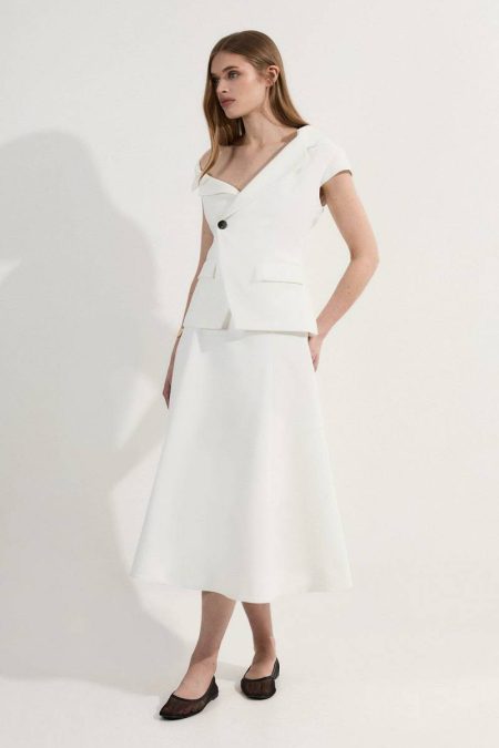 Ivory Midi Dresses Women Karen Millen Clean Tailored Asymmetric Collar Belted Full Skirted Tailored Midi Dress