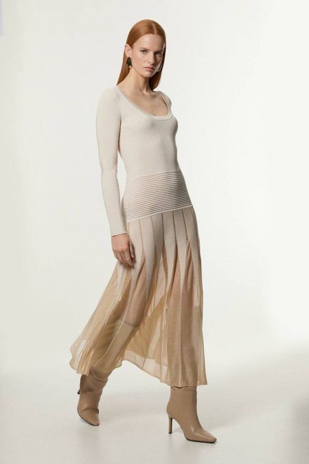 Ivory Petite Slinky Knit Scooped Neck Sheer Detail Maxi Dress Women Karen Millen Tailoring