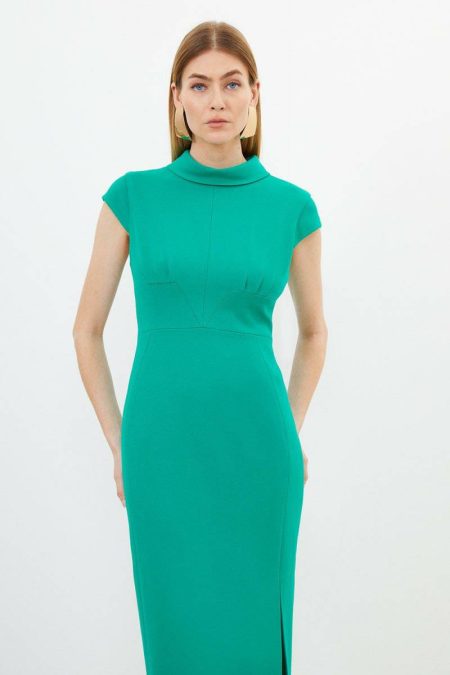 Ivory Tailored Structured Crepe High Neck Cap Sleeve Midi Dress Karen Millen Tailoring Women