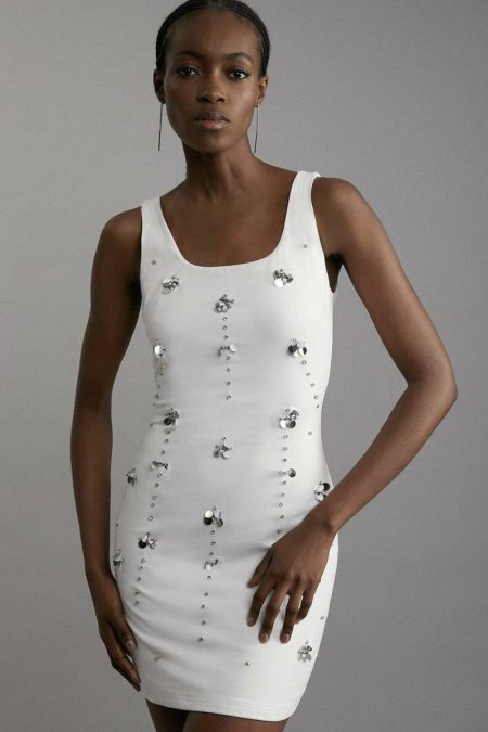 Ivory Tailoring Women Petite Embellished Stretch Cotton Mini Dress Karen Millen