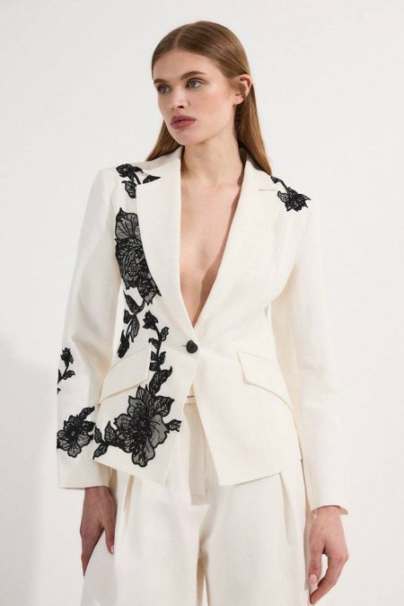 Ivory Tailoring Women Viscose Linen Placed Floral Lace Embroideried Tailored Jacket Karen Millen