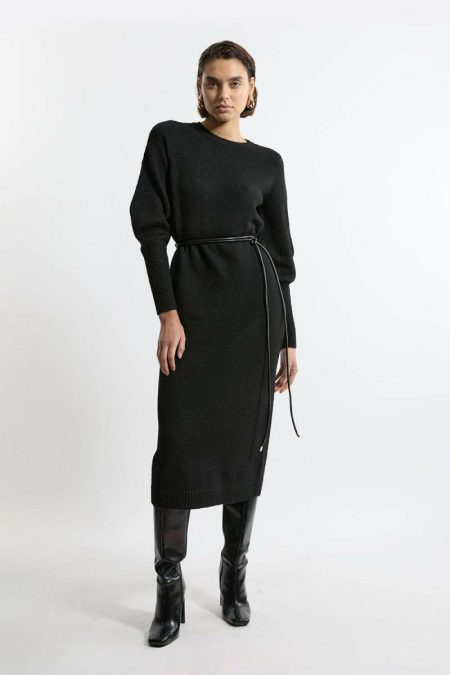 Ivory Tailoring Wool Blend Cosy Knit Belted Long Sleeve Midi Dress Karen Millen Women