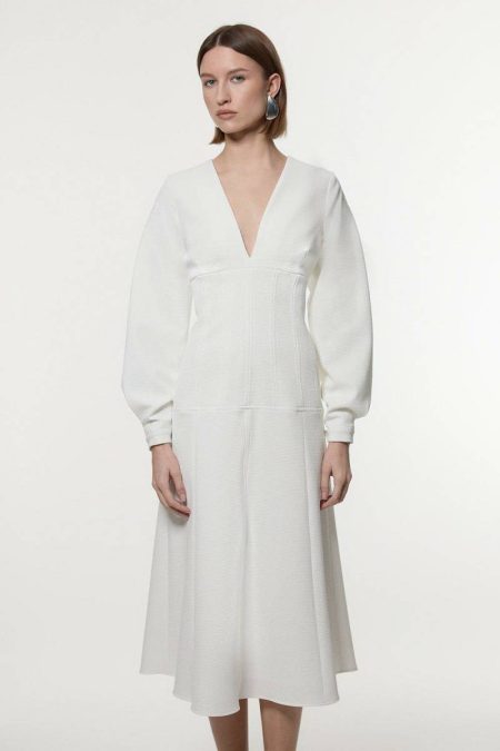 Ivory Textured Tailored Dropped Waist Sleeved Midaxi Dress Women Karen Millen Maxi Dresses