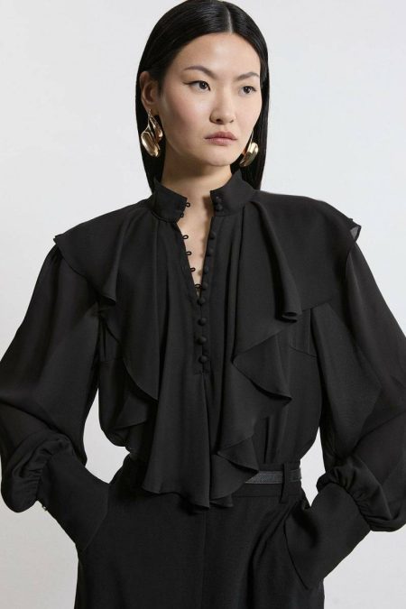 Ivory Tops Ruffle High Neck Georgette Woven Blouse Women Karen Millen