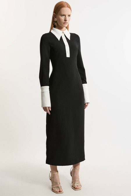 Ivory Women Karen Millen Tailored Crepe Contrast Collar Midaxi Dress Tailoring