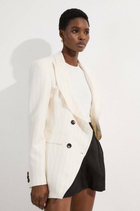 Ivory Women Karen Millen Tailoring Pinstripe Double Breasted Waisted Tailored Jacket