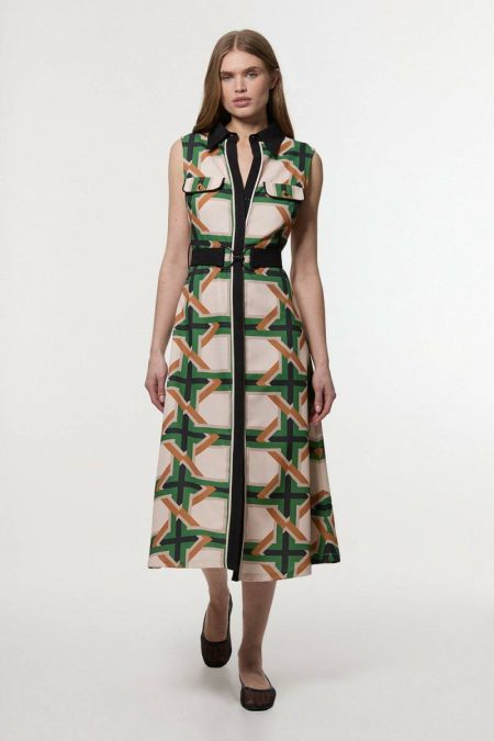 Ivory Women Midi Dresses Karen Millen Twill Tie Border Print Woven Sleeveless Shirt Dress