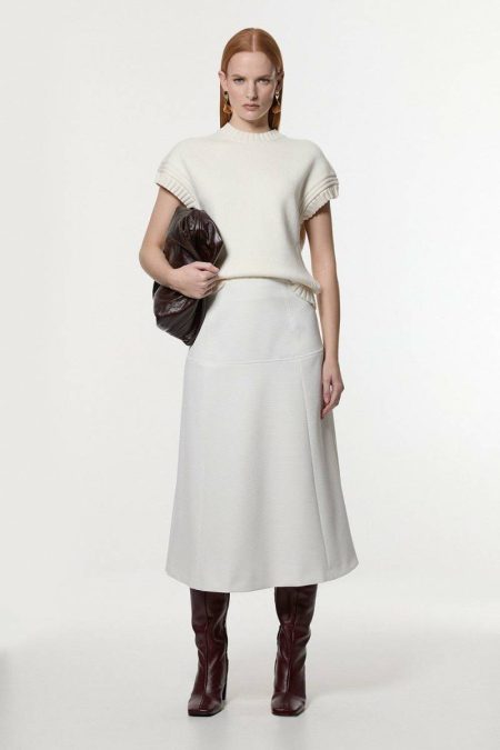 Ivory Women Petite Tailored Textured Full Midi Skirt Karen Millen Skirts