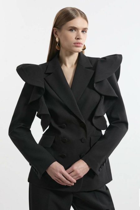 Ivory Women Tailored Drama Ruffle Double Breasted Blazer Karen Millen Tailoring