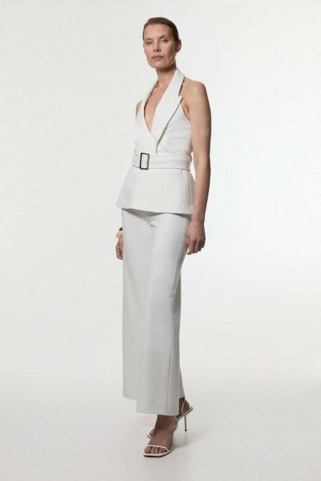 Ivory Women Tailoring Karen Millen Compact Stretch Halterneck Tailored Wide Leg Jumpsuit