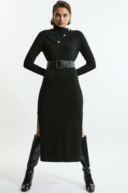 Ivory Women Tailoring Karen Millen Wool Blend Cosy Envelope Belted Knit Maxi Dress